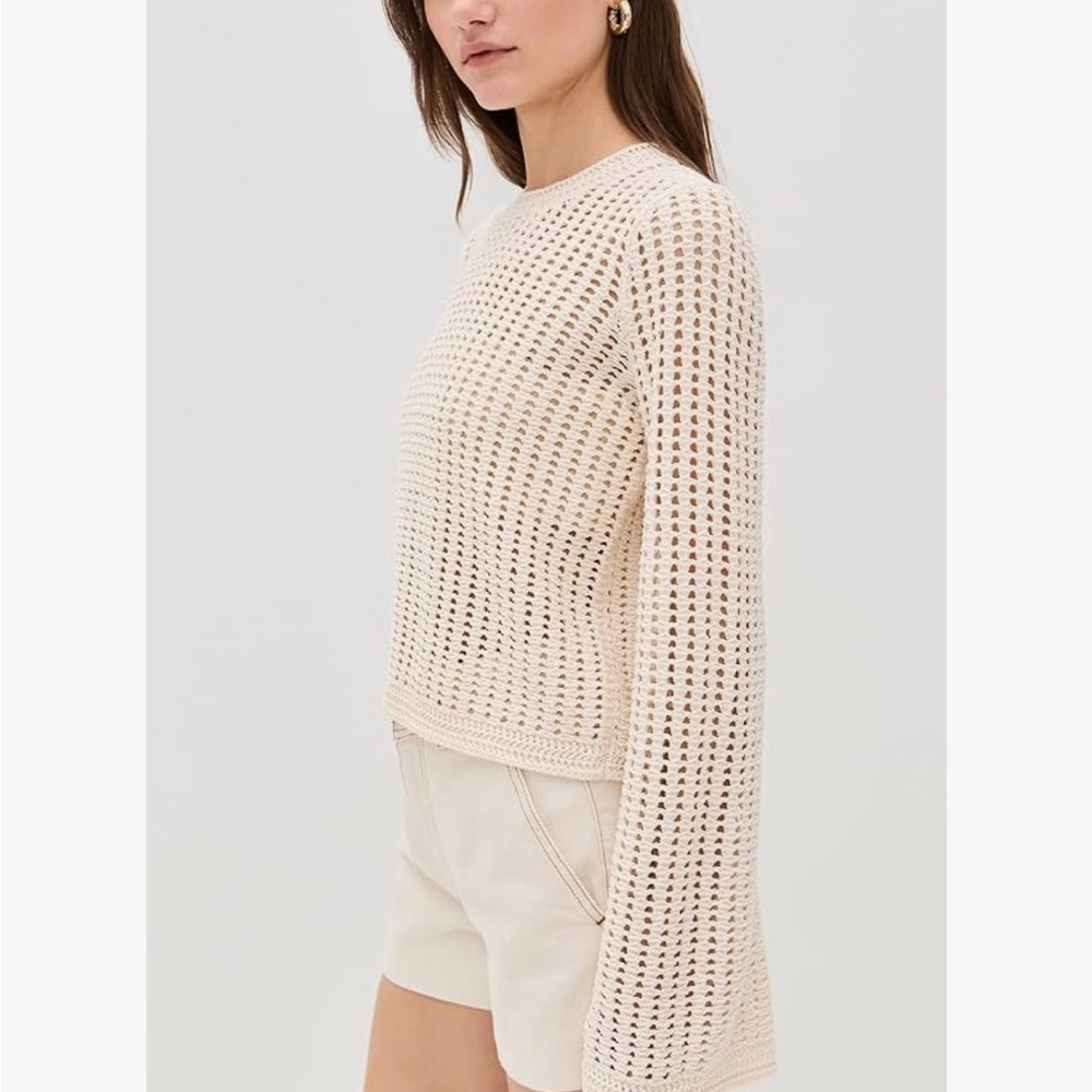 $448 NEW FRAME Women's The Crochet Bell Sweater Cream Crew Neck